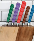 Hella Solid Non Slip Heat Shrink Sleeve For Cutting Knife Handles 4 Pack, various colors displayed in a knife block.