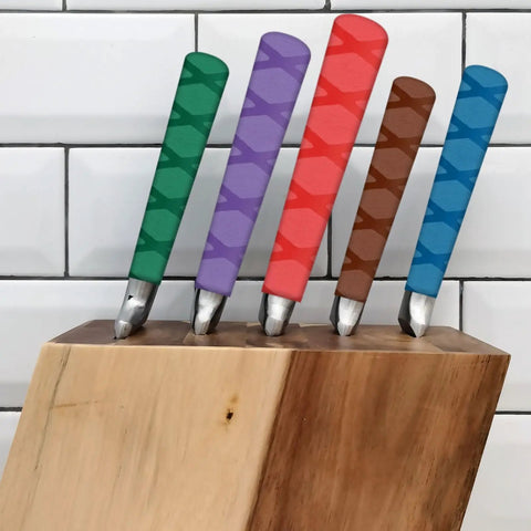 Hella Solid Non Slip Heat Shrink Sleeve For Cutting Knife Handles 4 Pack, various colors displayed in a knife block.