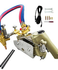 Heavy Duty Portable Gas Cutting Torch With Adjustable Speed Track That Knocks Out Any Metal Cutting Job Fast And Leaves Clean Cuts On Steel Plate Up To One Point Two Inches Thick with copper torch head and hoses.