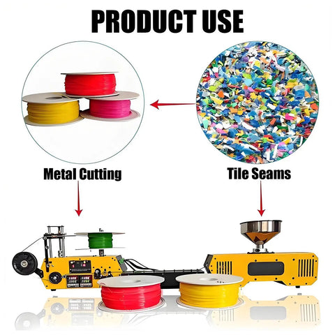 Compact Desktop Filament Extruder And Maker Machine For 3D Printers with spools, showing metal cutting and tile seam applications.