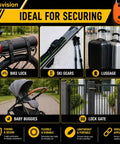 Ultra Secure 4-Digit Combination Lock With 3 Feet Retractable Cable shown securing bike, skis, luggage, stroller, and gate.