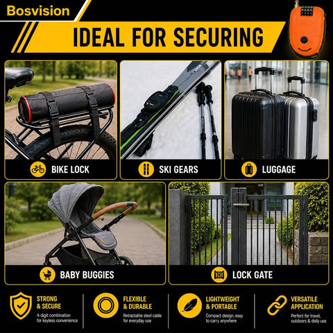 Ultra Secure 4-Digit Combination Lock With 3 Feet Retractable Cable shown securing bike, skis, luggage, stroller, and gate.