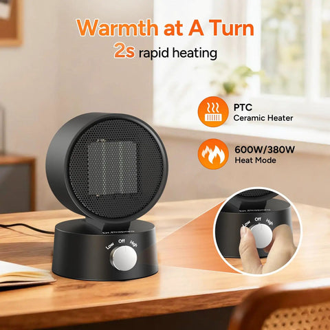 Compact 600W Desk Heater With Ceramic Core, Fast Heat For Office Or Bedroom on wooden desk with control knob close-up