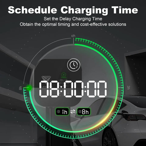 Level 2 EV Charger With 40A 240V Output And NEMA 14-50 Plug showing adjustable timer display for charging schedule.