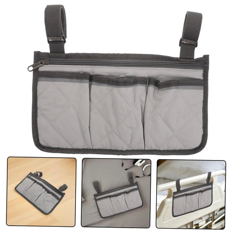 Must Have Bedside Organizer Bag With Four Pockets And Cup Holder, Universal Bed Rail Caddy With Zipper Phone Pouch, Gray