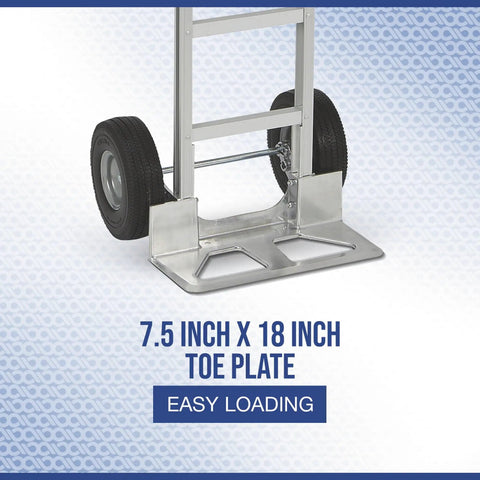 Aluminum Hand Truck With 600 Pound Capacity For Moving Boxes And Crates, Continuous Flow Handle, Smooth Rolling Ten Inch Polyurethane Wheels, Seven And A Half Inch Toe Plate, Perfect For Workshops And Warehouses, toe plate detail view
