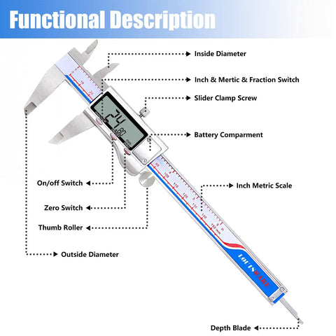 Vernier Caliper Measuring Tool With Stainless Steel Body Handy Electronic Micrometer Caliper With Large LCD Auto Off Feature Easy Switch From Inch To Metric And Fraction 6 Inch 150 mm Waterproof And Durable, shown in a functional illustration with labeled parts and features.