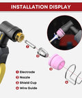 Installation display of 50Pcs AG60P Plasma Cutter Torch Consumables Kit, showing electrode, nozzle, shield cup, and wire guide.