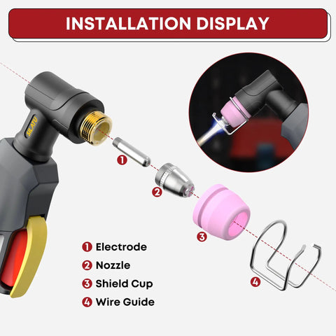 Installation display of 50Pcs AG60P Plasma Cutter Torch Consumables Kit, showing electrode, nozzle, shield cup, and wire guide.