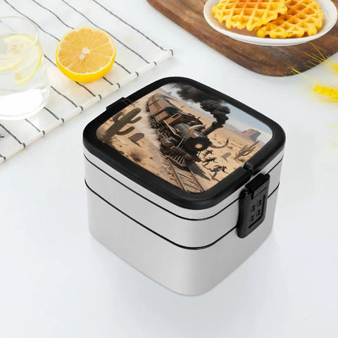 Desert Steam Train Themed Bento Box With Compartments Leakproof Double Layer Lunch Container, depicting a steam train on the lid.