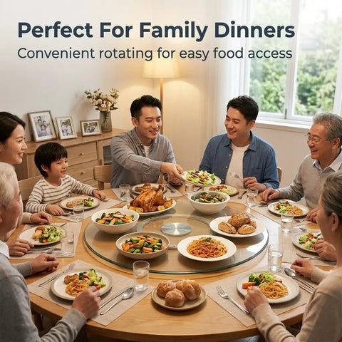 Family dining with 360 Degree Silent Spinner Glass Lazy Susan For Tabletop, Clear Tempered Glass Turntable Serving Tray