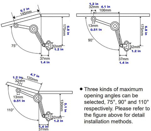 Diagram showing installation angles for Heavy Duty Lid Stay Hinges With Soft Close For Toy Box, Cabinet And Kitchen Lids, 2 Pack.