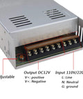 12V 400W LED Driver Power Supply for LED Strip Lights, adjustable output terminals, input 110V/220V, labeled connections