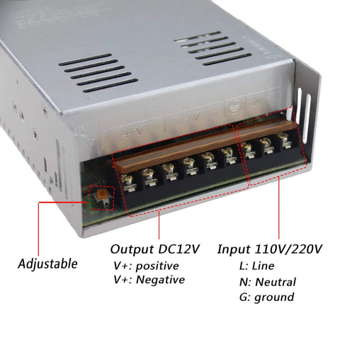 12V 400W LED Driver Power Supply for LED Strip Lights, adjustable output terminals, input 110V/220V, labeled connections