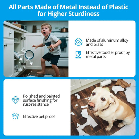 Child surprised by spilled dishes in kitchen, showcasing the need for Solid Kidproof Cabinet Lock Two Pack Key Alike With Four Heavy Duty Keys.