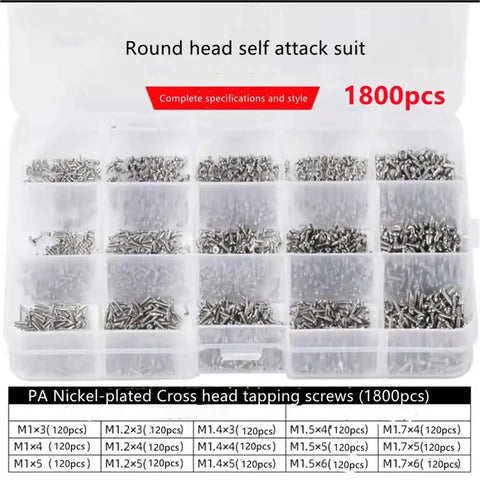 Rock Solid Mini Micro Watch Screws Kit Nickel Plated Cross Pan Head Tapping Hardware Set For Game Ready Precision Watch Repair And Daily Fixes 1800 pcs in a clear organizer.