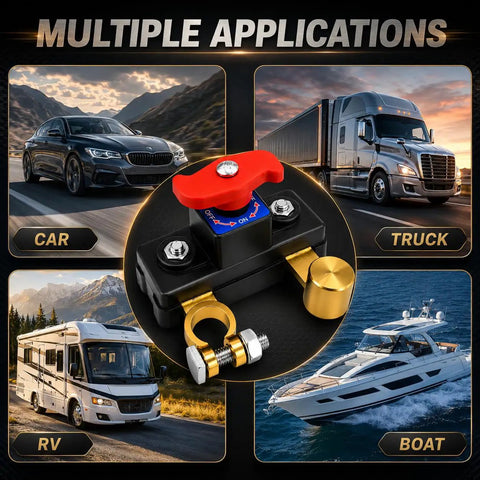 Pure Copper Battery Disconnect Switch 12V 24V Manual Rotary Cutoff for cars, trucks, RVs, boats and marine use.