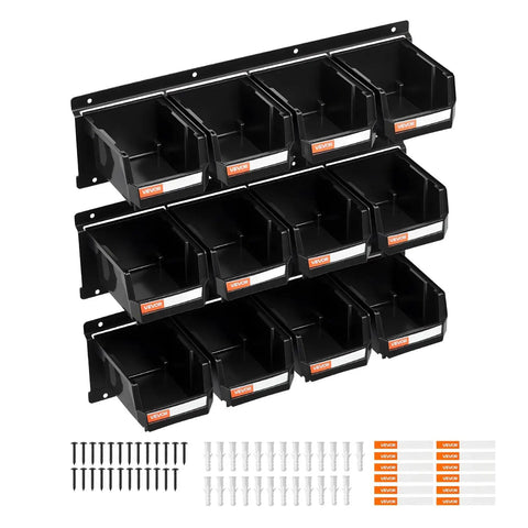 Garage Must Have Wall Mounted Storage Bins Space Saving Organizer With 12 Plastic Bins And 3 Metal Rails, hardware included