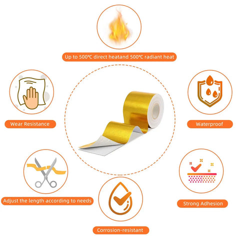 Two Rolls Aluminum Foil Tape Heat Shield Adhesive Reflective Barrier For High Temperature Protection center with features listed around
