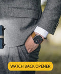 Watch Back Opener And Case Remover Tool Set For DIY Repair Easy Safe Pro Grade Gear To Open Back Covers Remove Bases And Access Inner Works For Most Wristwatches displayed next to a stylish wristwatch on a man's wrist
