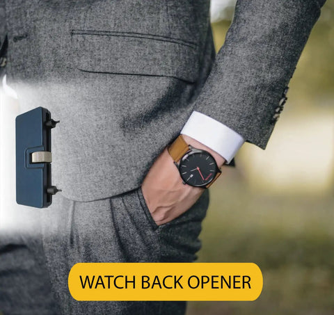 Watch Back Opener And Case Remover Tool Set For DIY Repair Easy Safe Pro Grade Gear To Open Back Covers Remove Bases And Access Inner Works For Most Wristwatches displayed next to a stylish wristwatch on a man's wrist