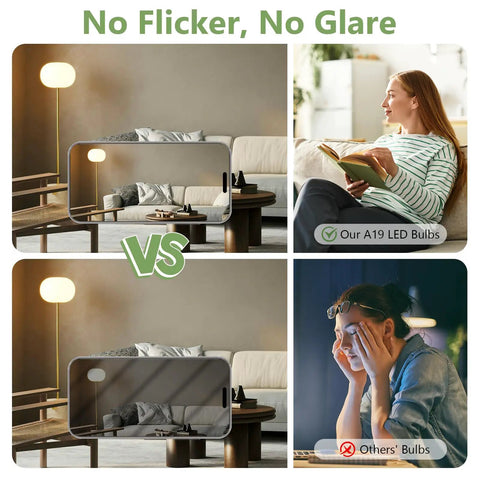 Comparison of rooms using 60 Watt Equivalent A19 Led Light Bulbs 2700K Soft White Non Dimmable 9W Energy Saver E26