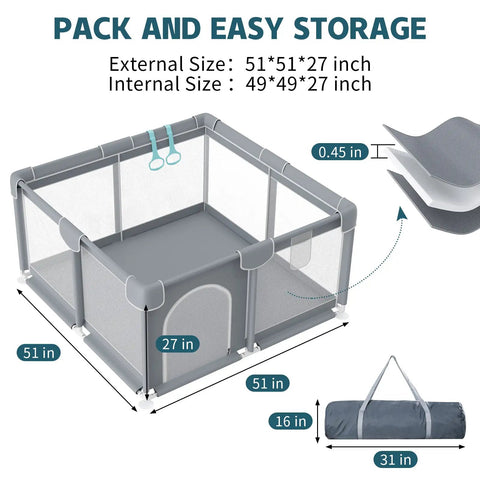 Ultra Safe Big Baby Playpen For Babies And Toddlers Indoor Outdoor Gate with breathable mesh, grey, dimensions 51x51x27 inches