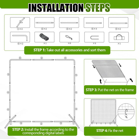 Installation steps for Baseball And Softball Pitching Screen With Ten By Ten One And A Half Inch Steel Frame Heavy Duty Batting Net