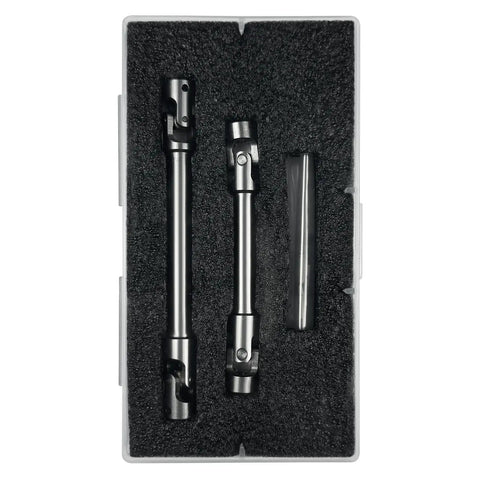 Rugged 1/10 Scale RC Drive Shaft Upgrade Kit in foam case, includes adjustable silver CVD shafts for Traxxas TRX4 and Axial SCX10.