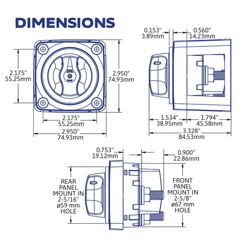 Dimensions of On Off Battery Switch With Knob Black M Series 6006200 design for boats and RVs with mounting options