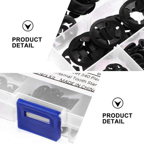 Close-up of 340 Piece Push On Locking Washers Kit with black tooth washers in storage box