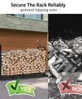 Comparison of 8ft Outdoor Firewood Rack With Heavy Duty Stand And Adjustable Length showing secure vs unstable log storage.