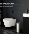 Freestanding Toilet Paper Storage Stand For Mega Rolls, No-Fuss Organizer in bathroom with 3 rolls in chrome finish.