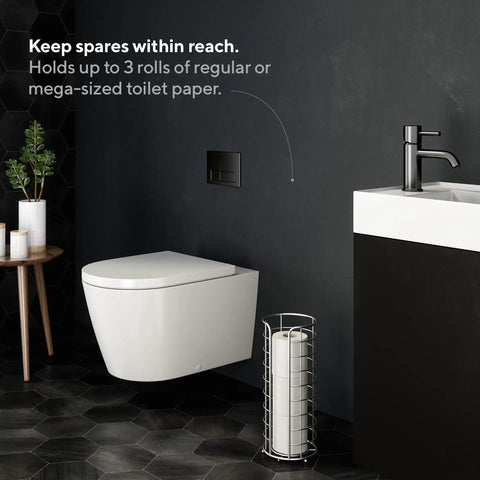 Freestanding Toilet Paper Storage Stand For Mega Rolls, No-Fuss Organizer in bathroom with 3 rolls in chrome finish.