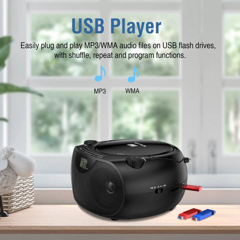 Portable CD Player Bluetooth Boombox With AM FM Radio USB Aux In Headphone Jack MP3 CD Compatible Bass Boost on table
