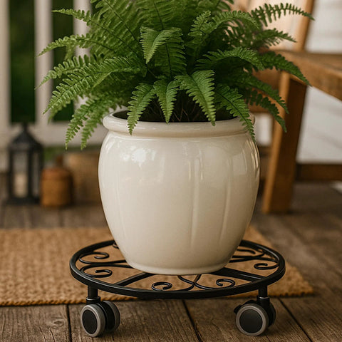 Three Pack Heavy Duty Plant Caddies With Wheels 11.8 Inch Metal Plant Dollies Rolling Stands With Sturdy Casters holding a planter