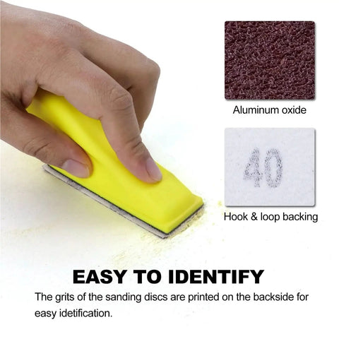 Hustle With 200pcs Sanding Papers For Mini Handle Sander Detail Sanders, Assorted Grits For Woodworking showing a hand using a yellow sander with grit indicators.