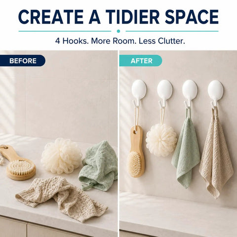 Heavy Duty Adhesive Wall Hooks For Bathroom And Kitchen No Drill Strong Sticky Hangers For Towels Coats Zero Hassle Residue Free 4 Pack Solid Grip in tidy space solution.