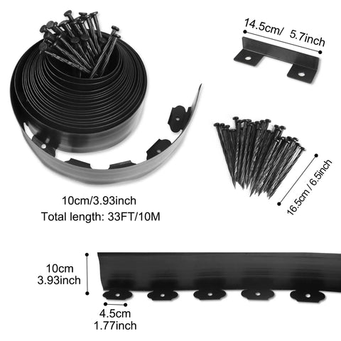No Dig Landscape Edging Kit 4 Inch Tall 33 Ft With 30 Spikes Flexible Garden Border For Lawn Flower Beds Grass Yard Curved Or Straight Edges Easy Install, shown with dimensions and components including spikes.