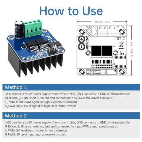 BTS7960 43A H Bridge Beefy High Power Motor Drive Module for Robotics and Smart Cars Isolated 5V Supply Dual Channel DC Motor Driver Board with 5V MCU Compatibility, 49.7mm board diagram