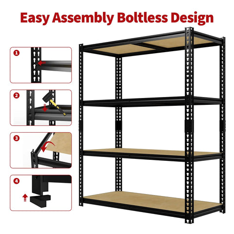 Badass Heavy Duty Garage Storage Shelving Unit With Rock Solid Reinforced Metal Frame And Thick MDF Shelves holding 2000 lbs, easy boltless assembly.