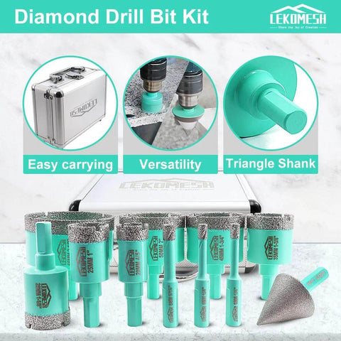 LEKOMESH Diamond Drill Bit Kit, 11pcs tile hole saw set with triangle shanks, turquoise bits, case