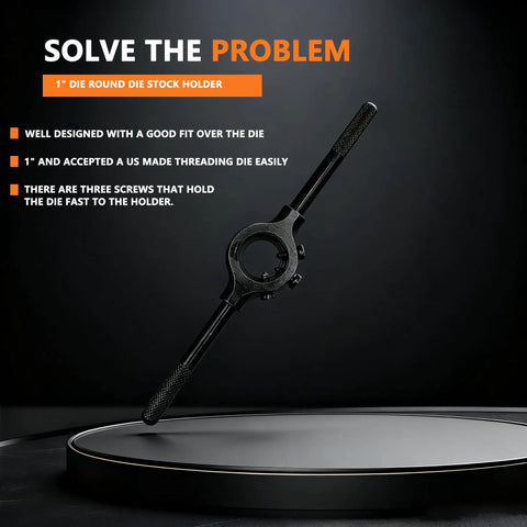 Pro Grade 1 Inch Die Round Die Stock Holder Tap Wrench With Adjustable Dies on display stand.
