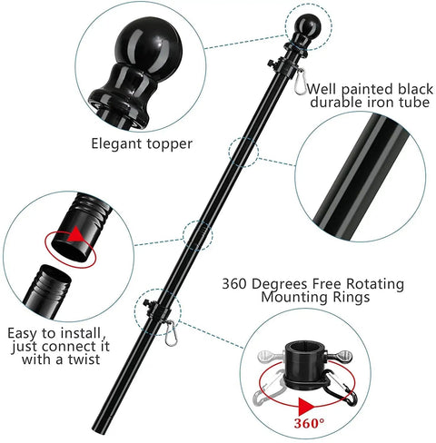 3x5 US Flag Pole Kit With Heavy Duty 5ft Tangle Free Flagpole And Weather Resistant Embroidered American Flag, Stainless Steel Black Pole