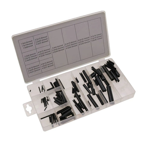 Roll Pin Assortment Kit 120 Pieces, 15 Sizes From 1.6mm To 9.5mm, Black Plated For Rust Resistance, Includes Blow Molded Tray, Professional Grade Pins For Quick Fixes, Repairs, And Heavy Duty Projects open tray with black roll pins