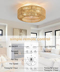 Whisper Quiet Boho Caged Rattan Fandelier Ceiling Fan With Bright Integrated Lighting And Hella Smooth Six Speed Remote Control in bright living room setting.