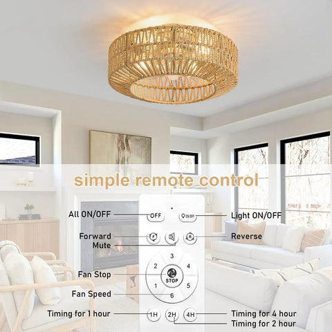 Whisper Quiet Boho Caged Rattan Fandelier Ceiling Fan With Bright Integrated Lighting And Hella Smooth Six Speed Remote Control in bright living room setting.