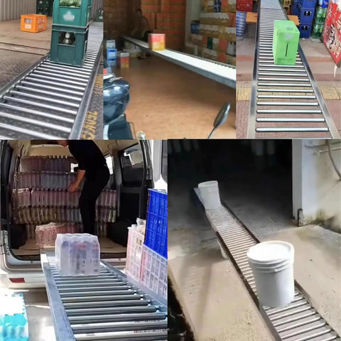 Light Duty Unpowered Roller Conveyor With Two Point Five Centimeters Galvanized Steel Rollers Thirty Inch Wide Perfect For Warehouses And Bev Unloading Durable Silver Finish For Heavy Load Handling, shown moving crates and buckets