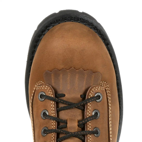 Close-up of toe and laces of Logger Style Composite Toe Work Boot With Waterproof System And Electrical Hazard Safety Full Grain Leather Upper