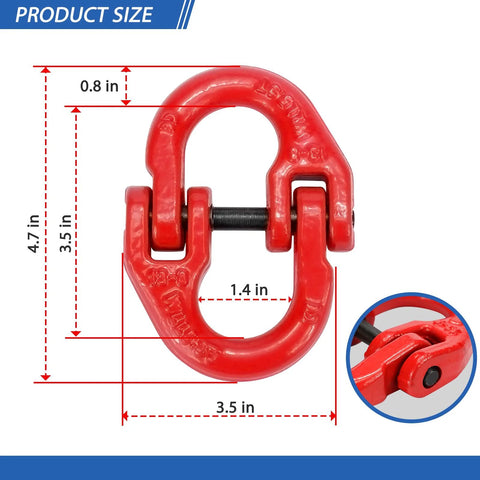 Half Inch Tow Hitch Hammer Lock Safety Chain Adapter Connector Link dimensions diagram with red powder coat finish